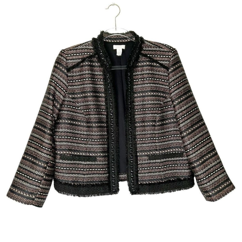 Chicos Tweed Jacket Womens Size 1 US 8 Black Gold Metallic Business Open Front